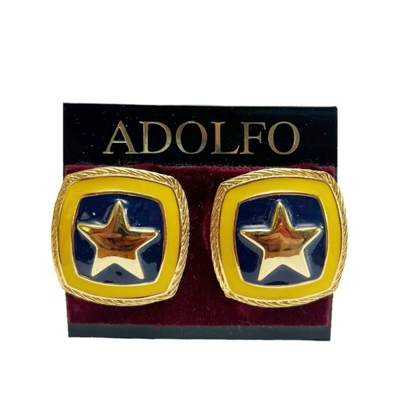 Vintage Adolfo Blue Yellow Enamel Nautical Star Rope Square Clip On Earrings - Picture 1 of 5